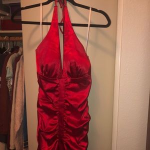 Red, Satin, Halter top Midi Cocktail Dress